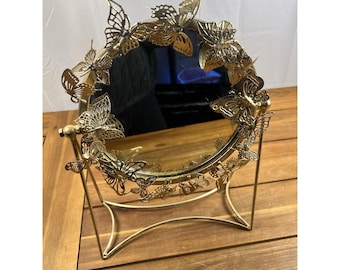 Vintage Gold Metal Round 3D Butterfly Standing Mirror Goldtone Metal Frame