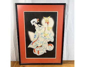 Grabado japonés antiguo en madera de la princesa Yaegaki, mediados de siglo, coloreado a mano.