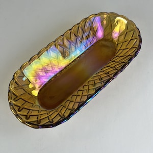 Vintage Indiana Iridescent Carnival Glass Amber Candy Dish 10.5&quot;