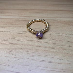May include: A handmade ring with a gold-colored wire band. The ring features a small, raw, purple amethyst gemstone at the center. The wire is intricately wrapped around the gemstone and the band, creating a unique, bohemian style.