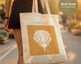 Flower Tote Bag Personalized with Name – Birth Month Canvas Gift