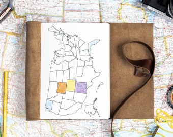 USA Leder Reisetagebuch mit Karte, Abenteuer-Buch, Road Trip Journal mit USA Karte, personalisierte Geschenke für Reisende, Reise-Sammelalbum