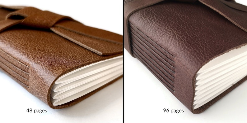 May include: Two brown leather-bound journals with a ribbon closure. The journal on the left has 48 pages and the journal on the right has 96 pages.