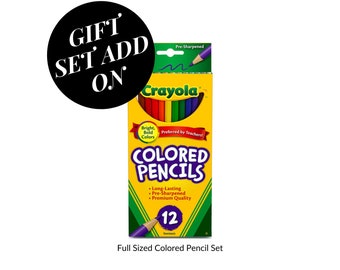 May include: A box of Crayola colored pencils with 12 pre-sharpened pencils. The box is yellow with green trim and features the Crayola logo. The text on the box reads "Colored Pencils", "Pre-Sharpened", "Long-Lasting", "Premium Quality", and "Preferred by Teachers!"