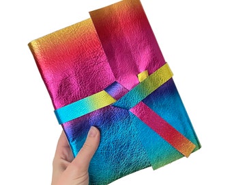 Regenboog lederen dagboek, kleurrijk notitieboekje met kleurovergang, metallic dagboek, lederen schetsboek, manifestatie geestelijke gezondheid droomdagboek