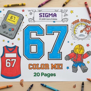 May include: A coloring book page with the number 67 in blue, a red jersey, a retro video game, and a Lego-like figure. The text "COLOR ME!" and "20 Pages" are also present. Crayons surround the page.