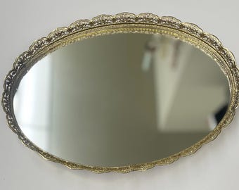 Vintage Gold Filigree Mirrored Vanity Tray – 13x9 Oval