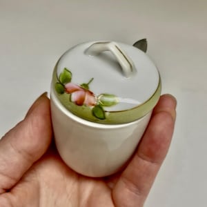 May include: A small, white ceramic sugar bowl with a lid. The lid features a pink rose and green leaves design, with a gold trim. The bowl is held in a hand, showcasing its size and shape. A small spoon rests on the lid.