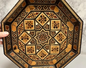 Vintage 12” Inlaid Geometric Serving Tray,Hexagonal Wood Inlay Tray - Mosaic Star Pattern Serving Platter,Boho