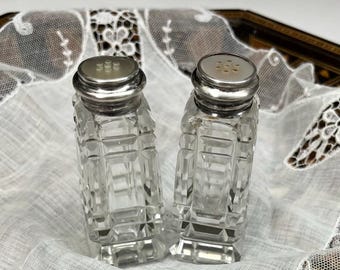Vintage Birks Sterling Silver and Cut Crystal Salt and Pepper Shakers with Mother of Pearl Inlays, 3" Tall, Antique Canadian Silver