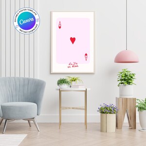 Póster digital "La Vie En Rose", carta de as rosa y roja, cita francesa, decoración de habitación coqueta, arte mural, descarga digital