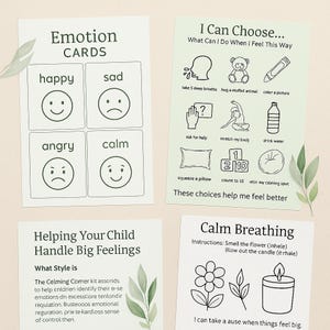 Kit Rincón Calmante: Tarjetas de Emociones Imprimibles, Tablero de Elección, Hoja de Respiración + Guía para Padres Infantiles