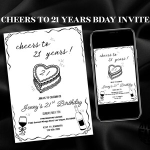 Invitación editable para fiesta de vino "Salud por los 21 años", plantilla de Canva para invitación de cumpleaños número 21, invitación de cumpleaños con lazo coqueto en blanco y negro.