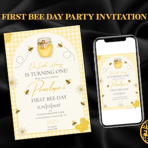 Editable First Bee Day Birthday Invite Template, 1st Birthday Invitation, Daisy Bee Arch Invite, BabyGirl Birthday, Honey Dee Canva Template