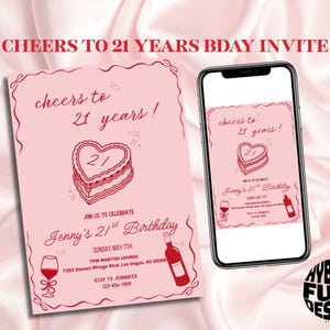 Invitación editable para fiesta de vino "Salud por los 21 años", plantilla de Canva para invitación de cumpleaños número 21, invitación de cumpleaños con lazo coqueto rosa y rojo