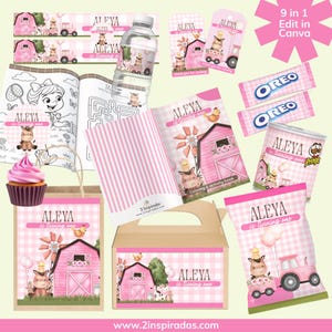 Op de afbeelding: Een verzameling feestartikelen met een boerderijthema, waaronder een roze schuur, een koe en de tekst "Aleya wordt &eacute;&eacute;n". Artikelen omvatten een waterfles, kleurboek, traktatiezakjes en snacks.