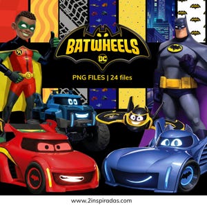 May include: A vibrant image featuring characters and vehicles from the animated series Batwheels. The Batwheels logo is prominently displayed, along with the text "PNG FILES | 24 files." The image includes illustrations of Batman, Robin, and several Batwheels vehicles in red, blue, and black.