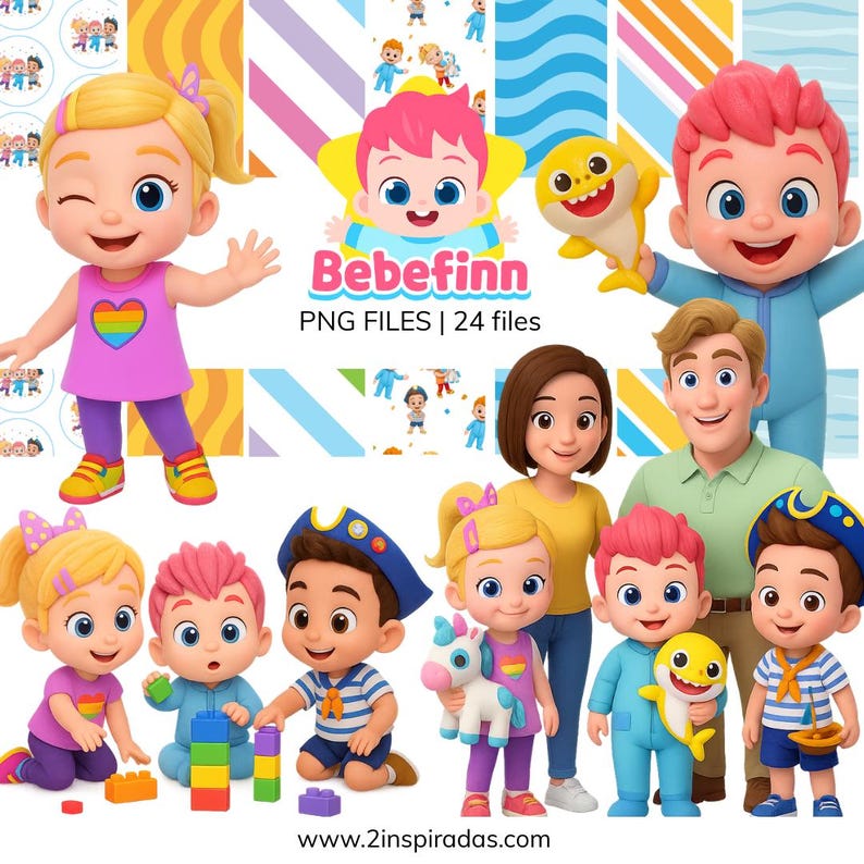 May include: A collection of colorful cartoon characters, including children and adults, with the text "BebeFinn PNG FILES | 24 files". The characters are in various outfits and poses, with a bright and cheerful aesthetic. The image includes a variety of backgrounds.