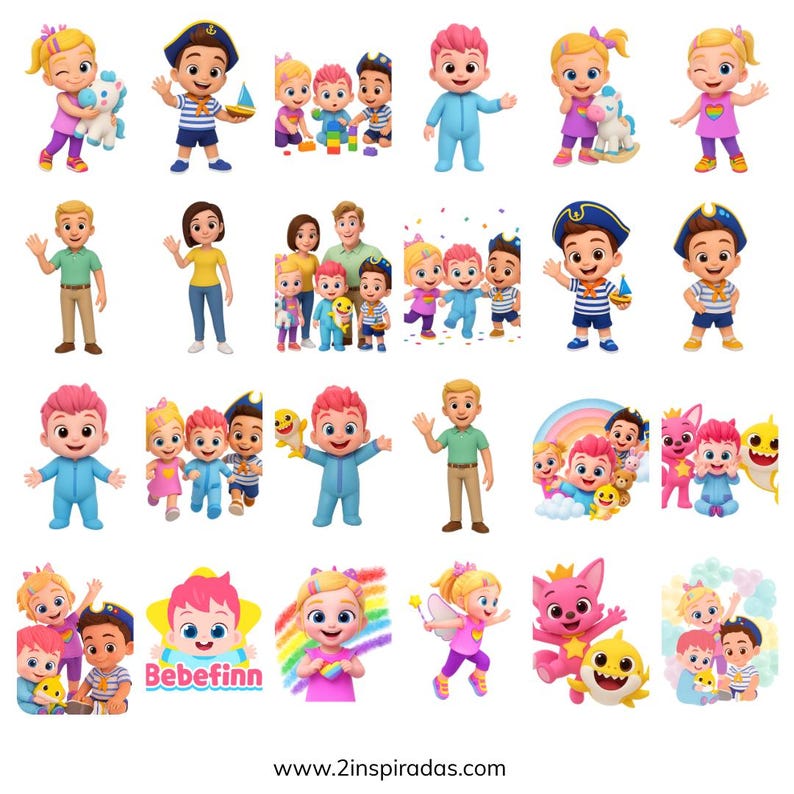 May include: A collection of colorful cartoon character stickers featuring children and adults in various outfits. Some characters are dressed as sailors, while others are in pajamas or casual wear. The stickers include the text "BebeFinn" and a website address.