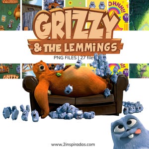 Puede incluir: Ilustración digital con el título "GRIZZY & THE LEMMINGS". Un gran oso pardo descansa en un sofá marrón, rodeado de pequeñas criaturas azules. La imagen tiene el texto "PNG FILES | 27 archivos" y el sitio web "www.2inspiradas.com".