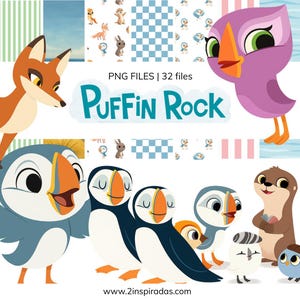 Pode incluir: Ilustração de desenhos animados com animais, incluindo uma raposa, papagaios-do-mar e uma lontra. O texto "Puffin Rock" e "PNG FILES | 32 files" está incluído. O design tem uma estética lúdica com cores brilhantes.