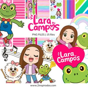 Puede incluir: Una colección de gráficos digitales coloridos con ilustraciones de dibujos animados. La imagen incluye una rana, una niña, un perro, notas musicales y el texto "Lara Campos PNG FILES | 15 files". El fondo tiene patrones rosas y arcoíris.