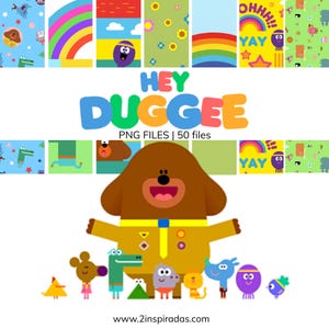 Puede incluir: Una colección de archivos PNG coloridos con los personajes y el logotipo de la serie animada "Hey Duggee". La imagen incluye el título del programa en colores brillantes, junto con varias ilustraciones de personajes y patrones de fondo. También está presente el texto "PNG FILES | 50 files".