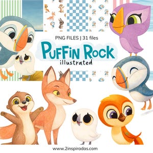 Pode incluir: Uma ilustração com personagens de desenhos animados, incluindo uma raposa, uma lontra, uma coruja e papagaios-do-mar. O texto "PUFFIN ROCK illustrated" é exibido em turquesa. A imagem também inclui o texto "PNG FILES | 31 files" e o endereço do site "www.2inspiradas.com".