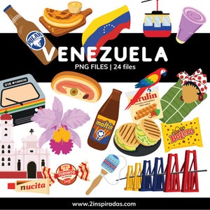 Puede incluir: Una colección de ilustraciones vectoriales con elementos culturales venezolanos. Incluye una bandera, alimentos como arepas y empanadas, un loro, un teleférico y el texto "VENEZUELA PNG FILES | 24 files".