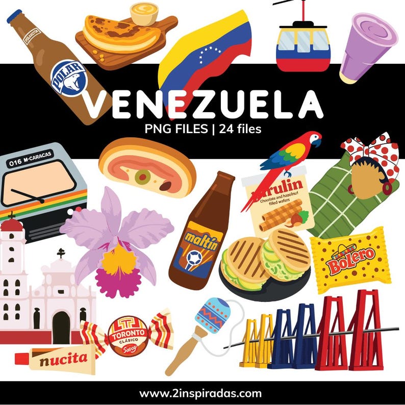 Puede incluir: Una colecci&oacute;n de ilustraciones vectoriales con elementos culturales venezolanos. Incluye una bandera, alimentos como arepas y empanadas, un loro, un telef&eacute;rico y el texto "VENEZUELA PNG FILES | 24 files".