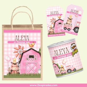 Op de afbeelding: Een verzameling feestartikelen met een boerderijthema. Inclusief een bruine papieren cadeauzak, twee cadeaulabels en een Pringles-bus, allemaal met een roze ruitpatroon en illustraties van een schuur, dieren en de tekst "Aleya wordt &eacute;&eacute;n."