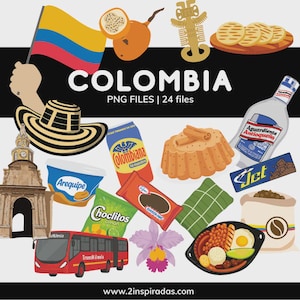 Puede incluir: Una colorida ilustración de símbolos colombianos, incluyendo una bandera, un sombrero, un autobús y varios alimentos. La palabra "COLOMBIA" se muestra en grande, con el texto "PNG FILES | 24 files" debajo. Incluye una botella de Aguardiente.