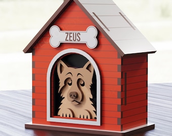 Archivo de corte láser de casa de pastor alemán personalizada / Nombre de perro personalizado grabado SVG / Decoración conmemorativa de madera para mascotas / Descarga digital de 3 mm