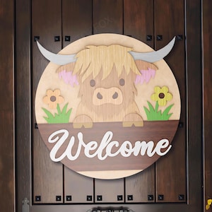 Highland Kuh Willkommensschild - Laserschnittdatei | Bauernhaus Türschild SVG | Glowforge & xTool-Ready | Digitaler Download | Rustikale Kuh Dekor