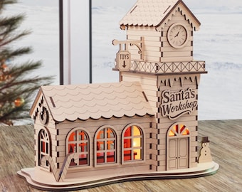 Santa’s Workshop Laser Cut File | Christmas Village House SVG | Xmas Lantern | Glowforge xTool Holiday Display | 3mm Digital Download