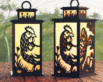Farol de pollo – Archivo cortado a láser / SVG de pollo / Decoración de farol de granja / Farol de madera con diseño de pollo / Corte láser de 3 mm
