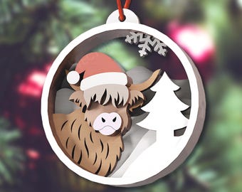 Circle Highland Cow Ornament Laser Cut File | Christmas Cow SVG | Farm Animal Bauble | Digital Download | Laser Cutting | Rustic Xmas Decor