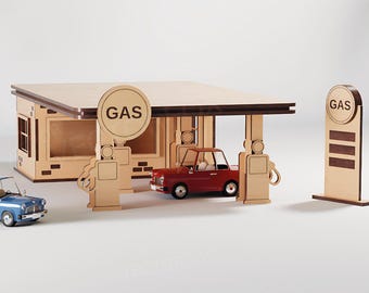 Toy Gas Station Laser Cut File | Wooden Gas Station SVG | Glowforge & xTool Ready | Matchbox Car Garage | Digital Download
