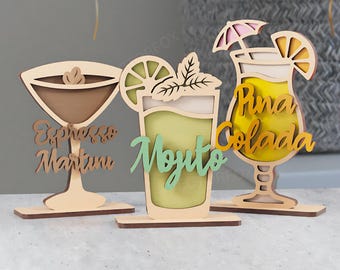 Cocktail Drinks Display Laser Cut File | Summer Party Decor SVG | Mojito, Piña Colada & Espresso Martini | Bar Decoration | Digital Download