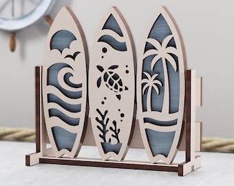 Surfboard Bathroom Décor – Laser Cut File | Nautical Beach House SVG | Coastal Ocean Display Stand | Digital Download | 3mm Laser Cutting