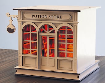 Potion Shop Tea Light Holder SVG – Halloween Village Lantern Laser Cut File – xTool & Glowforge Potion Store Light SVG