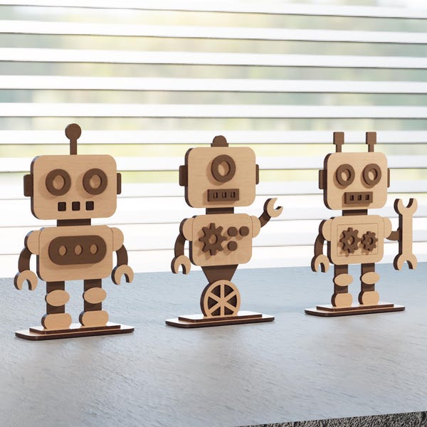 Robot Figure Bundle Laser Cut File | Wooden Robot Decor SVG | Geek Desk Display | Glowforge & xTool 3mm Digital Download