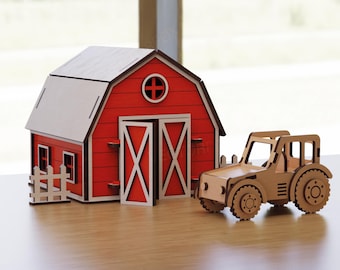 Farm Barn and Tractor SVG Bundle | Laser Cut Farmhouse Toy Set | Barn Doors Open | Kids Play Barn Laser File | Laser Cut 3mm Farm Bundle SVG