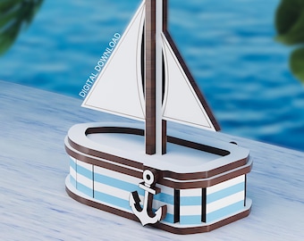 Holzsegelboot Dekor - Laser Cut Datei | Wasserboot SVG | Küsten Regal Dekor | Digitaler Download | 3 mm Laserschnittvorlage