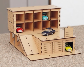 Laser Cut Toy Car Garage SVG – Double Level Hot Wheels Garage File | Pull-Up Doors 1:64 Laser Cut Car Storage | 3mm Laser Cutting Download