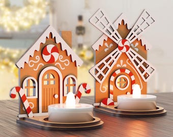 Gingerbread House Tea Light Holder Set. Christmas Candle Holder. Laser Cut Gingerbread Decor. Xmas Laser Cutting House Light SVG