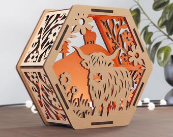 Highland Cow Hex Lantern – Laser Cut File | Rustic Cow SVG | 3D Layered Lantern | Glowforge & xTool Ready | Digital Download