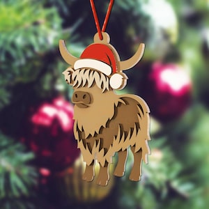Highland Cow Ornament – Laser Cut File | Christmas Cow SVG | Farm Animal Bauble | Digital Download | 3mm Laser Cutting | Rustic Xmas Decor