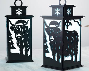 Farol navideño de vaca de las Tierras Altas SVG: Archivo cortado con láser (Descarga digital)