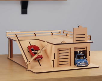 Toy Car Garage – Laser Cut File | Double Level Parking Garage SVG | Movable Barrier + Pull-Up Doors | Digital Download | 3mm Laser Cutting